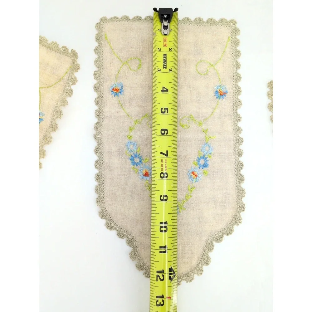 Vtg Linen Embroidered Napkins Set 4 Floral Scalloped Lace Cream Blue Green 7X12